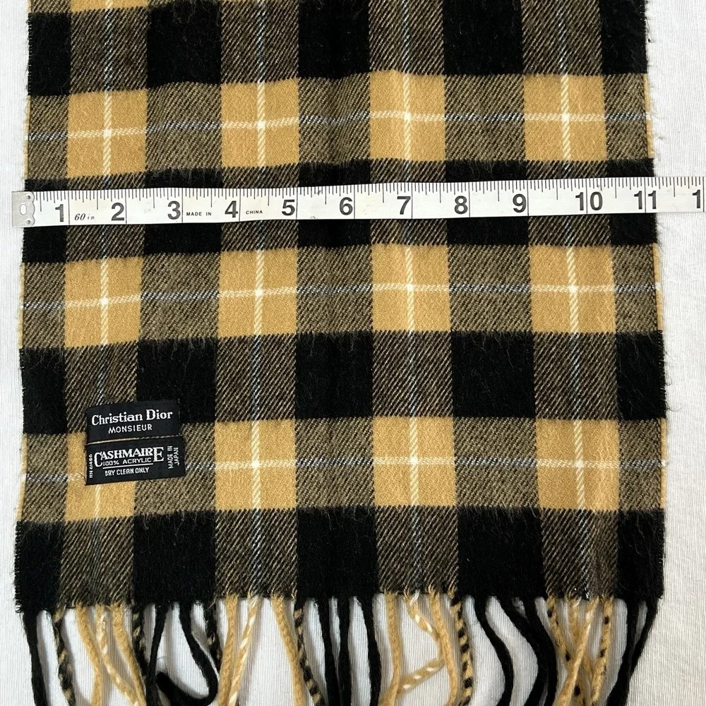Christian Dior Monsieur Black Camel Plaid Cashmaire 100% Acrylic Scarf Fringe